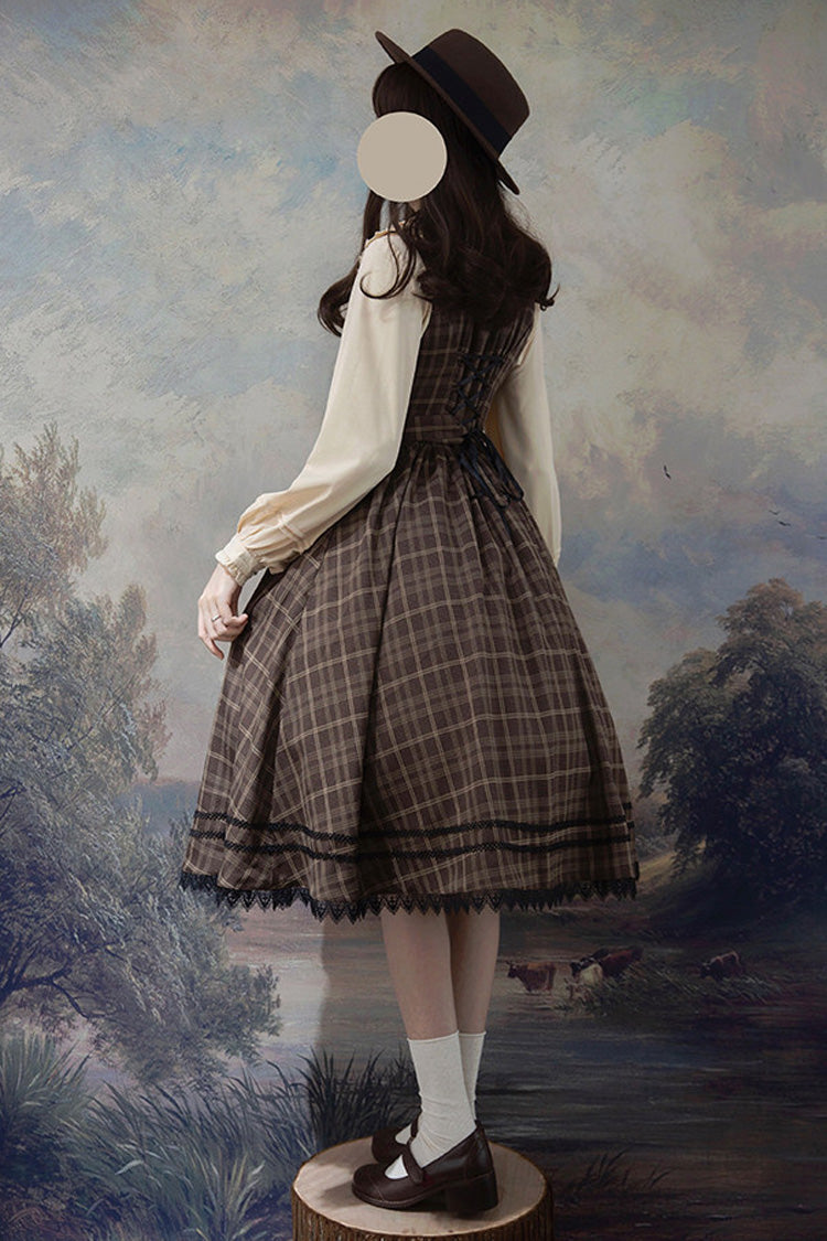 Brown Poem of Greina V Collar Sleeveless High Waisted Printed Classic Elegant Lolita Jsk Dress
