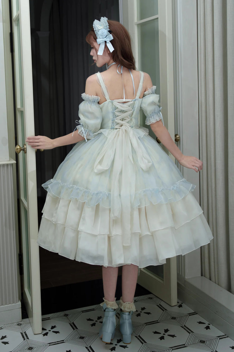 Goodnight Camellia Sleeveless Ombre Multi-Layered Printed Ruffled Lace Fishbone Sweet Lolita Jsk Dress 3 Colors