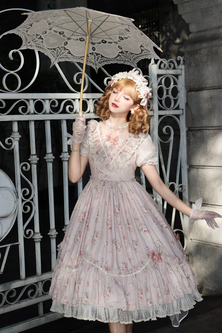 Daydream Rose Short Sleeves Floral Jacquard Print Ruffle Embroidery Bowknot Sweet Lolita Dress 3 Colors