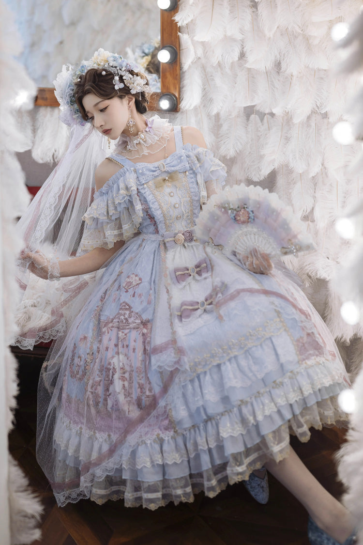 Blue Moonlight Melody Off Shoulder Sleeveless Multi-Layered Hanayome Open-Front Bow Lace Sweet Gorgeous Lolita Jsk Dress Set