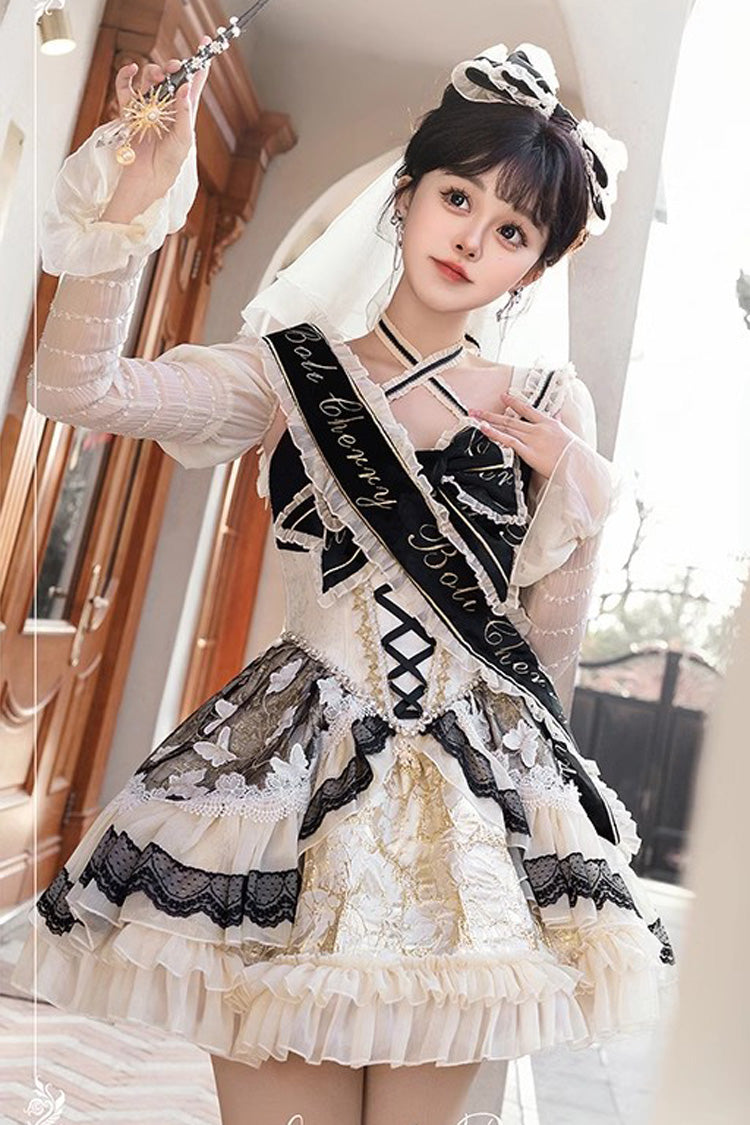 Black/Gold Lilibet Print Ruffle Cardigan Bowknot Lace Fishbone Sweet Lolita Dress