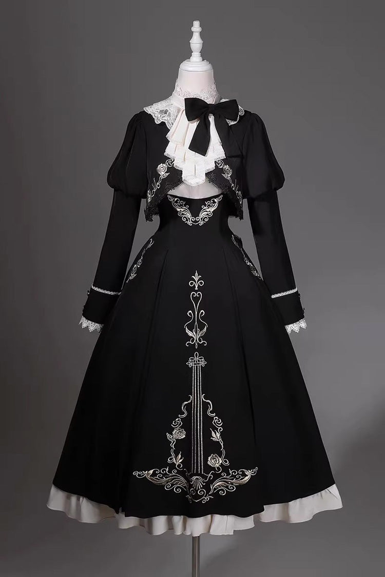 Black/White Violin Variations Ruffled Embroidered Gothic Lolita Jumper Dress Set