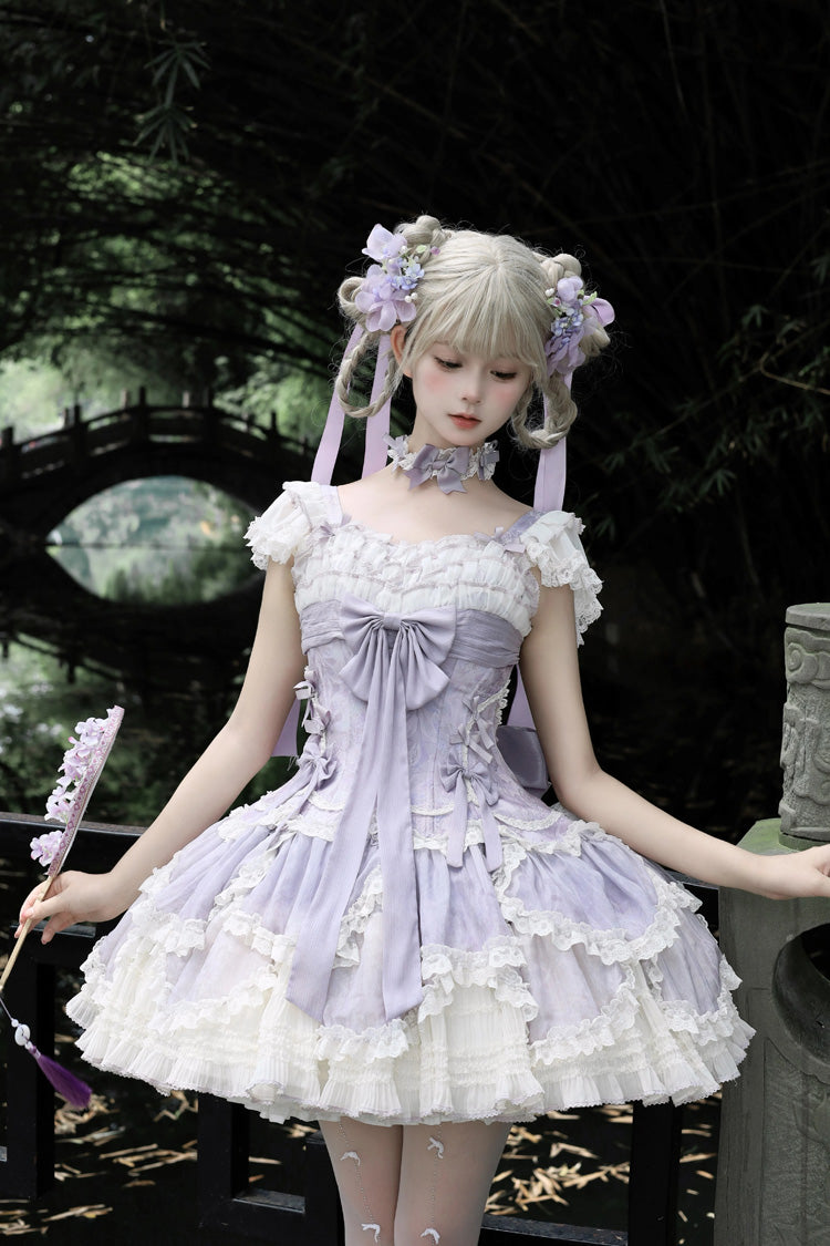 Purple Floral Dream Short Sleeves Multi-Layered Ruffle Embroidery Bowknot Lace-Up Sweet Elegant Ballet Lolita Jsk Dress