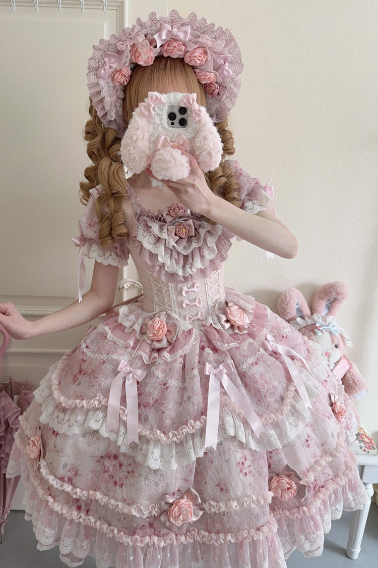 Pink Rose Manor Short Puff Sleeves Ruffle Bowknot Lace Sweet Japanese Princess Lolita Dress
