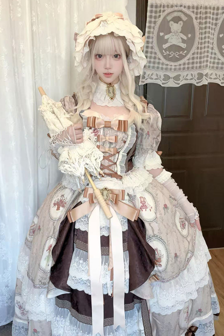 Brown Baker Street Tea Party Short Sleeves High Waisted Print Ruffle Embroidery Cardigan Bowknot Lace-Up Classic Vintage Princess Lolita Dress