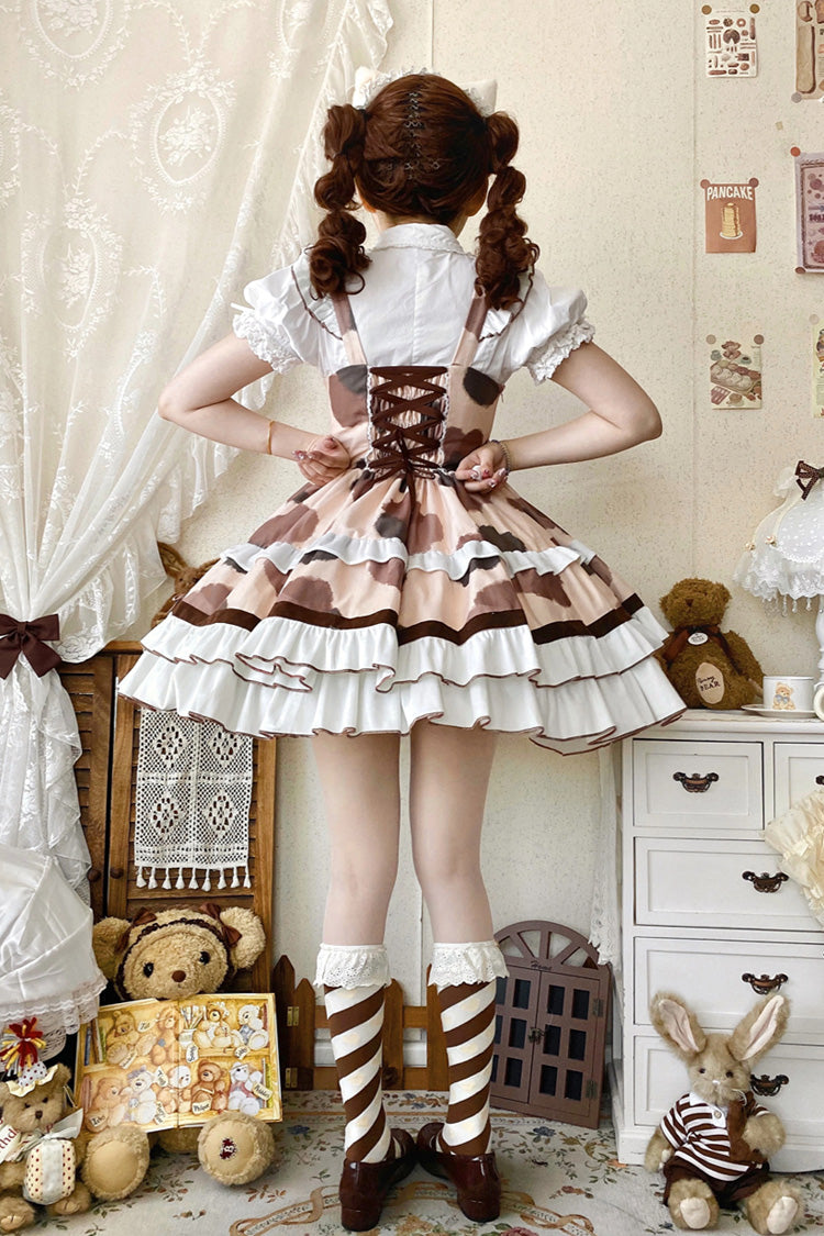 Brown Calico Cat Sleeveless Triple-Layered Printed Ruffled Bow Plush Sweet Lolita Jsk Dress