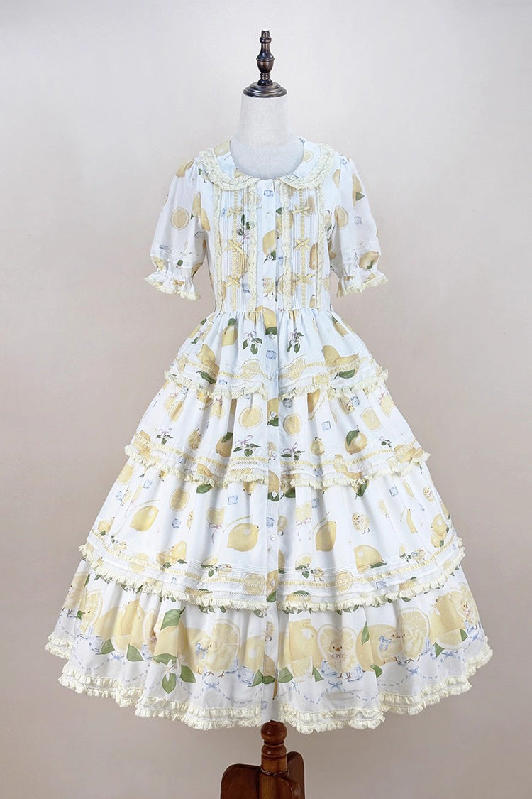 White Lemon Chicken Short Sleeves Triple-Layered Print Ruffle Bowknot Lace Sweet Gorgeous Lolita Dress