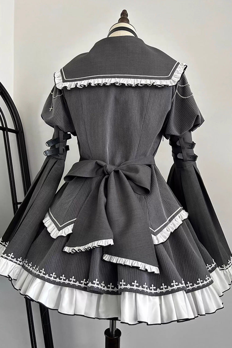 Grey Long Hime Sleeves Ruffle Embroidery Buckle Gothic Japanese Lolita Skirt Set