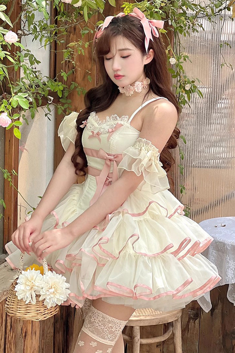 Pink/Beige Ballerina Style Bowknot Slim Fluffy Princess Sweet Lolita Tiered Dress