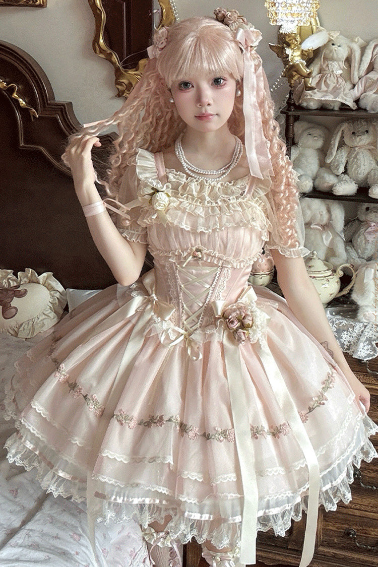 Mist Champagne Multi-Layered Ruffle Bowknot Lace Sweet Elegant Ballet Lolita Jsk Dress 3 Colors