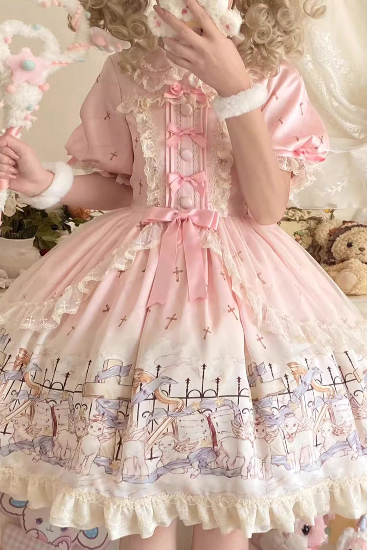 Pink Angel Lamb Lapel Collar Short Sleeves Printed Ruffled Bow Sweet Lolita Dress