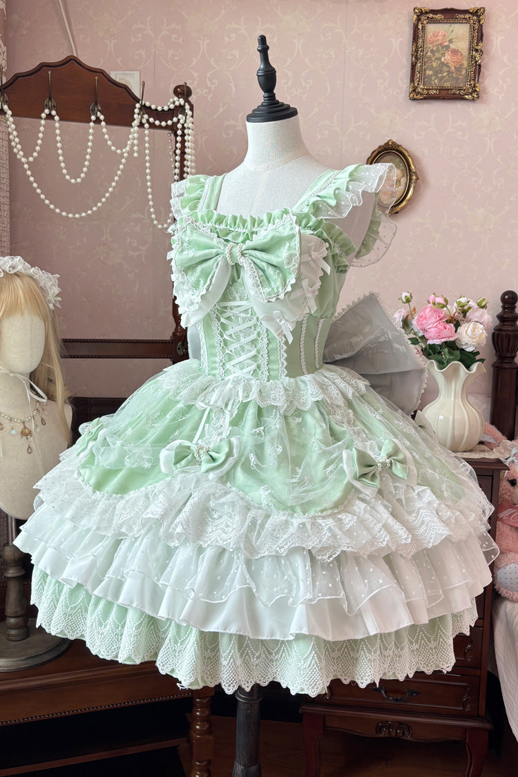 Green Sleeveless Triple-Layered Ruffle Embroidery Bowknot Lace-Up Pearl Sweet Plus Size Lolita Jsk Dress
