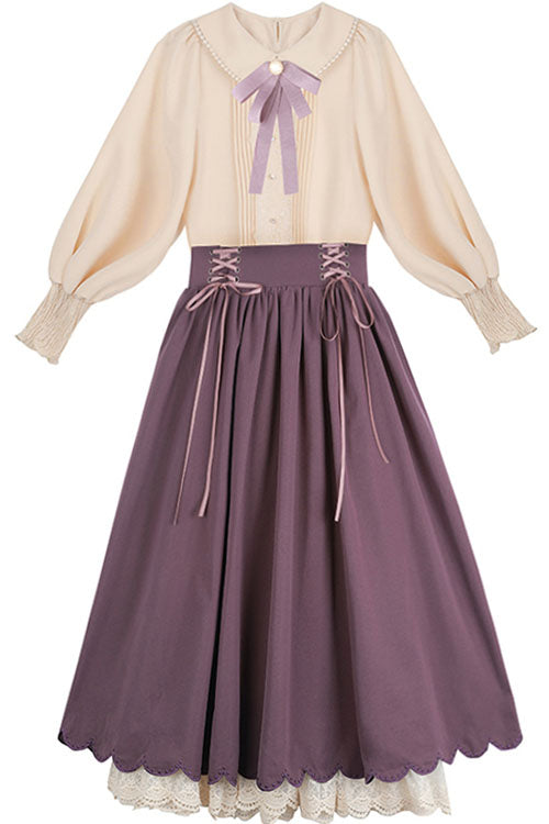 Solid Color High Waisted Lace Wave Hem Two Pieces Classic Lolita Dress