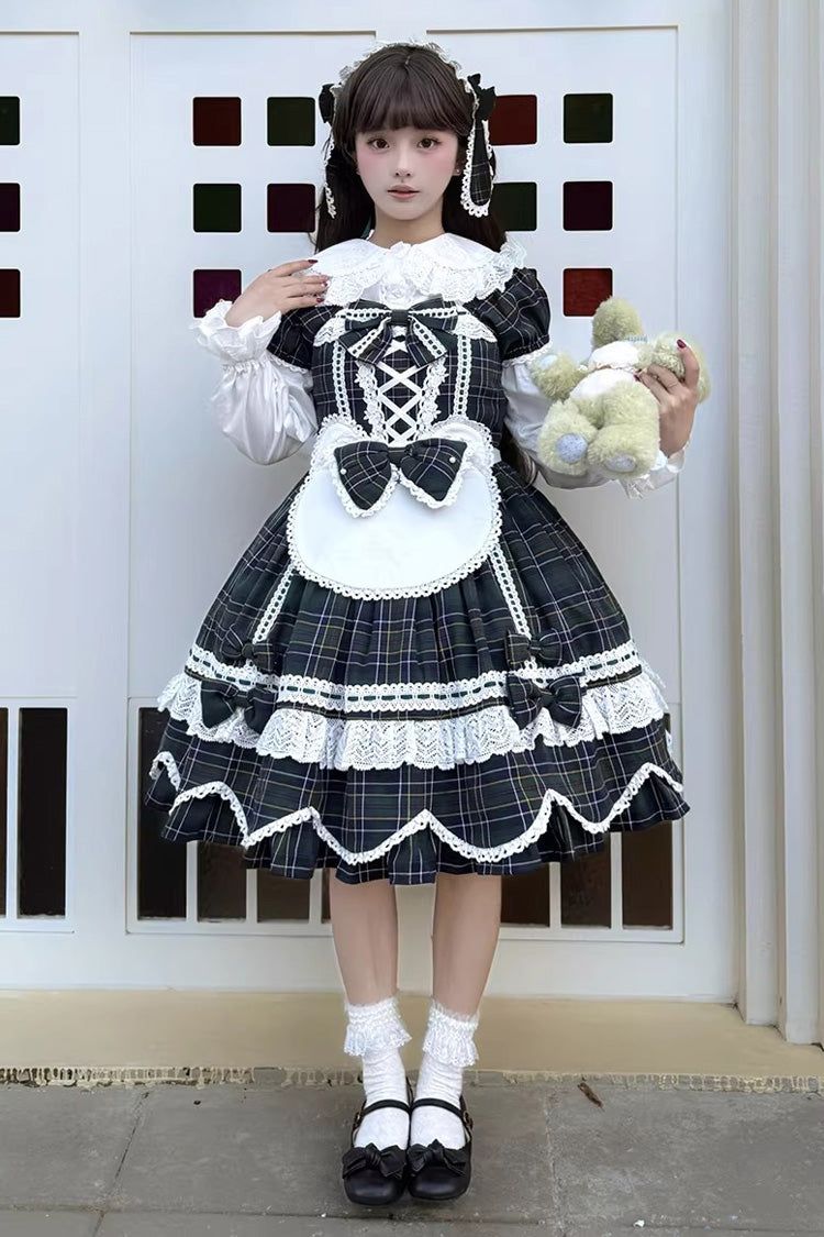 Green Gingham Petal Bunny Short Sleeves Printed Ruffled Bow Sweet Lolita OP Dress