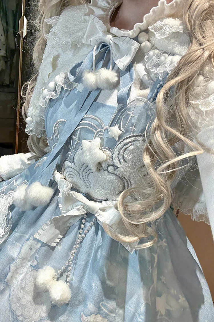 Blue Cloud Dreamland Cut-Out Embroidered Bow Lace Asymmetric Sweet Elegant Lolita Jsk Dress Set