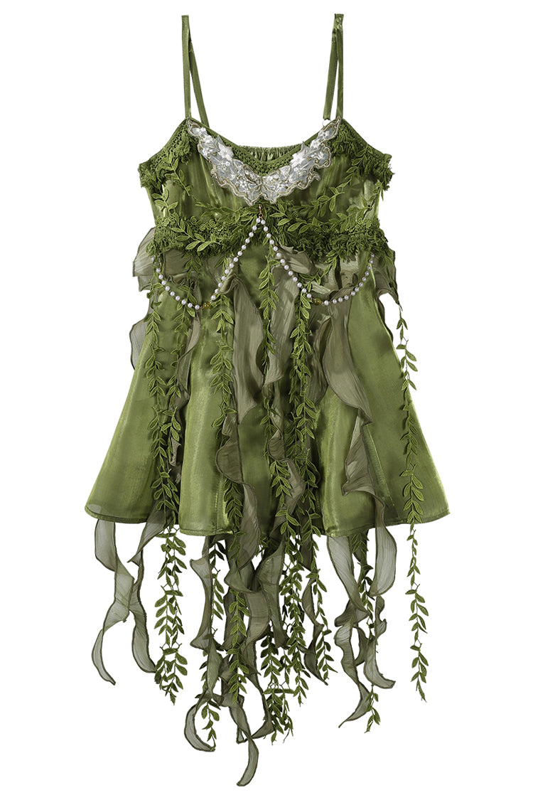 Green Children of the Forest Leaf Decoration Ruffle Irregular Sweet Lolita Jsk Dress Set