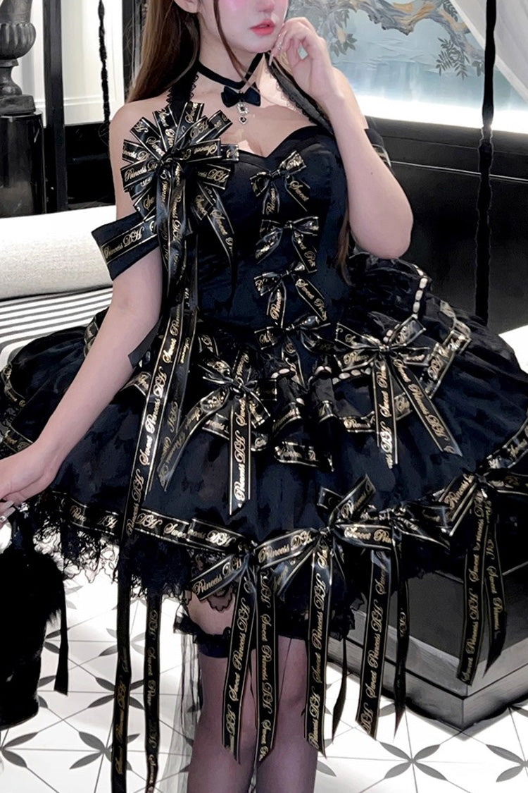 Black Young Lady Halterneck Sleeveless Multi-Layered Ruffle Bowknot Elegant Princess Gothic Lolita Dress