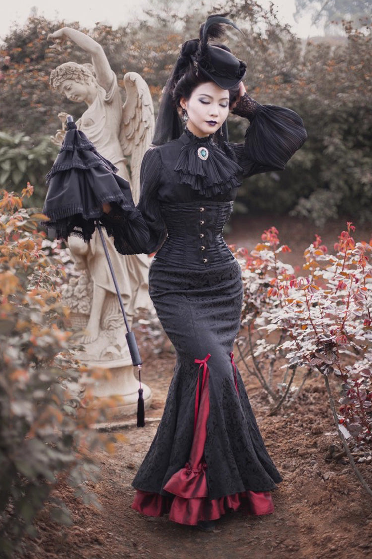 Black/Red Lorelei Double-Layered Print Ruffle Gothic Elegant Lolita Jacquard Mermaid Maxi Skirt