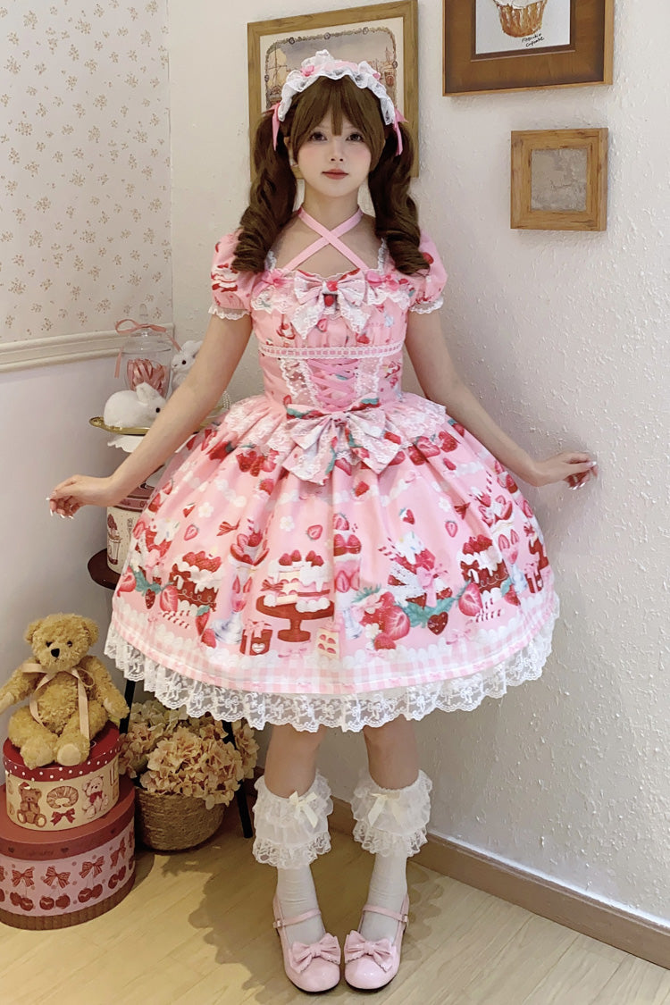 Pink Strawberry Parfait Print Short Sleeves Ruffle Bowknot Lace Lace-Up Sweet Lolita Dress