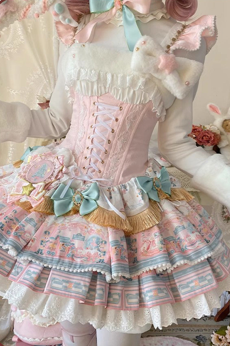Pink Candy House Multi-Layered Print Ruffle Bowknot Lace-Up Sweet Ballet Lolita Jsk Dress