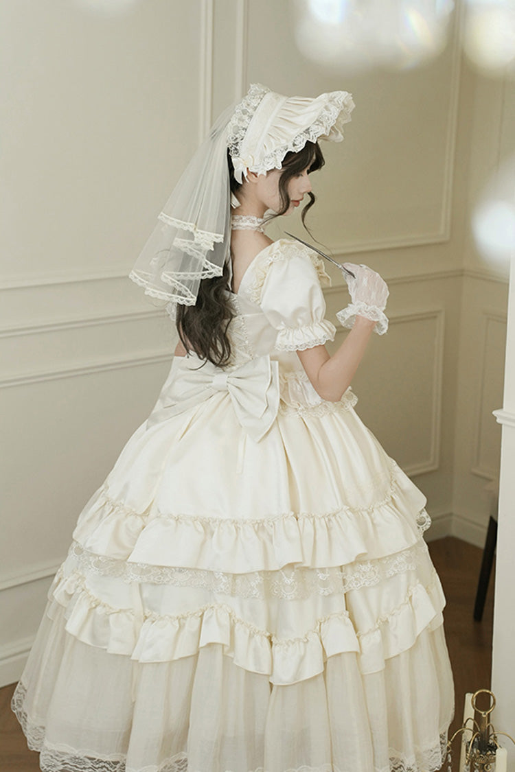 White Letters and Poems Square Collar Short Sleeves Ruffle Hanayome Bowknot Sweet Elegant Gorgeous Lolita Dress