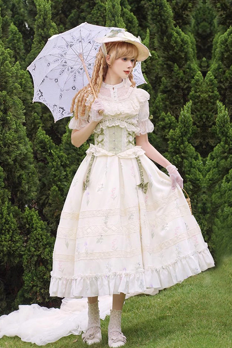White/Green Letters and Poems to Austen Short Sleeves Print Hollow Lace Sweet Elegant Lolita Dress