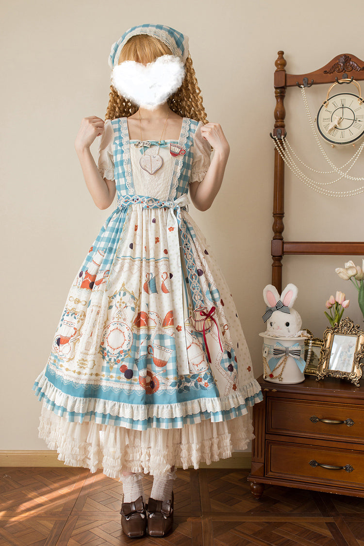 Blue/Green Tea Party Short Sleeves Print Ruffle Bowknot Lace Sweet Elegant Lolita Dress