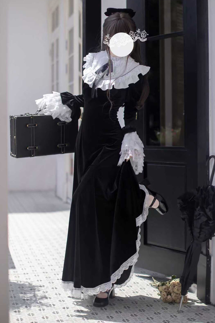 Black Raven-Feather Poetic Letter Velvet Long Hime Sleeves Ruffle Bowknot Gothic Elegant Lolita Fishtail Dress