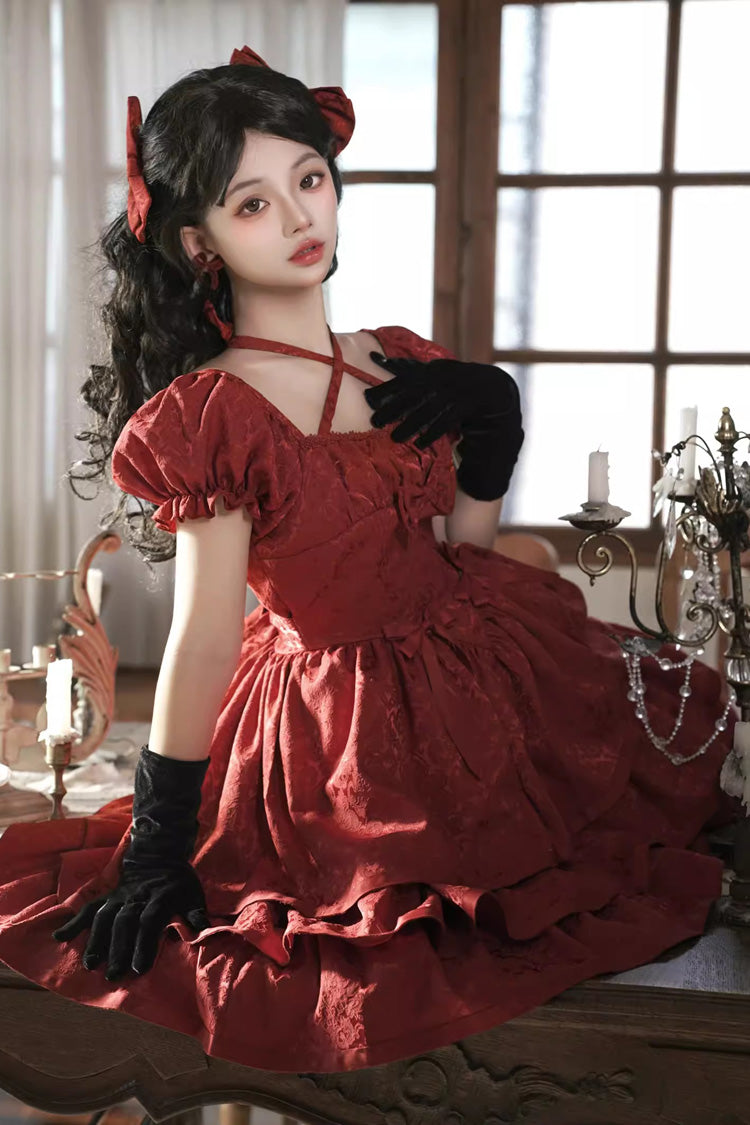 Red Thorn Rose Short Sleeves Multi-layer Ruffle Bowknot Gothic Princess Lolita Dress