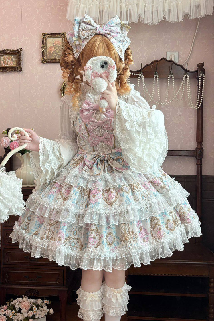 Apricot Candelabrum Elegy Sleeveless Triple-Layered Flower Wall Printed Ruffled Bow Lace Sweet Lolita Jsk Dress