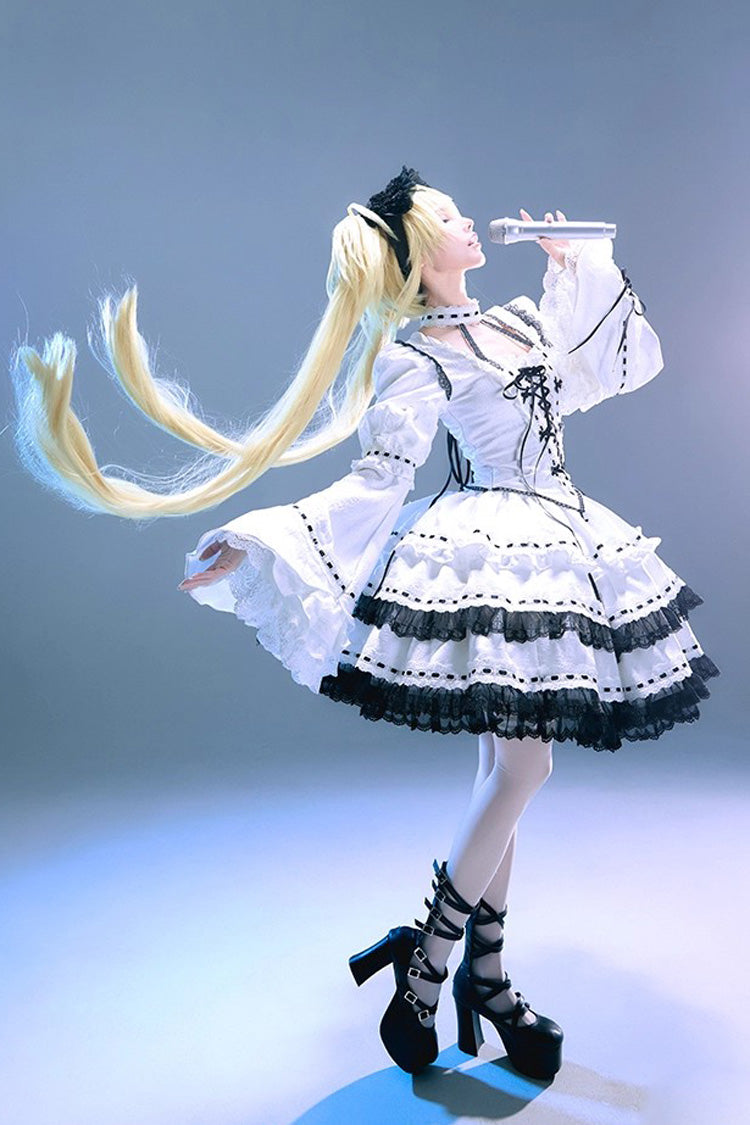 White Witch Long Trumpet Sleeves Double-Layered Ruffle Bowknot Lace-Up Gothic Lolita Skirt Dress Set
