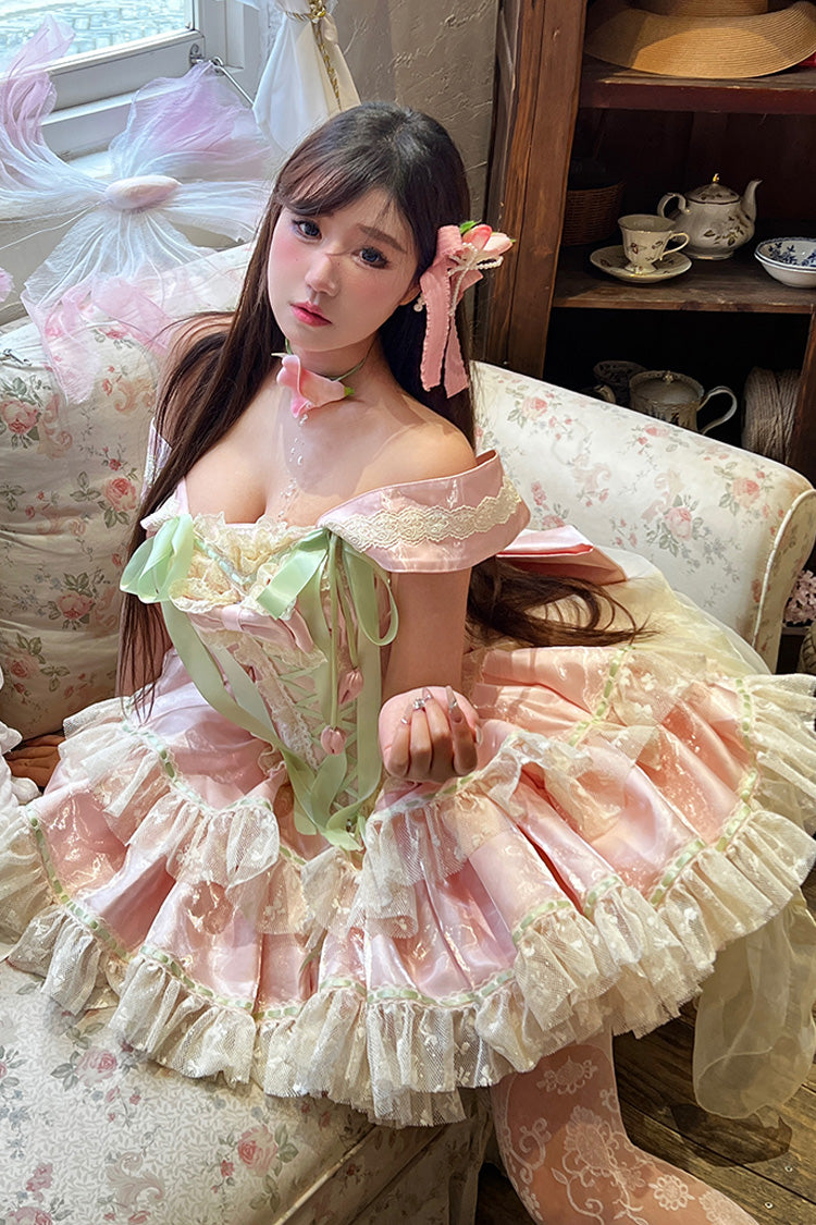 Pink Tulip Love Song Boat Neck Double-Layered Ruffle Bowknot Lace Lace-Up Romantic Sweet Princess Lolita Dress