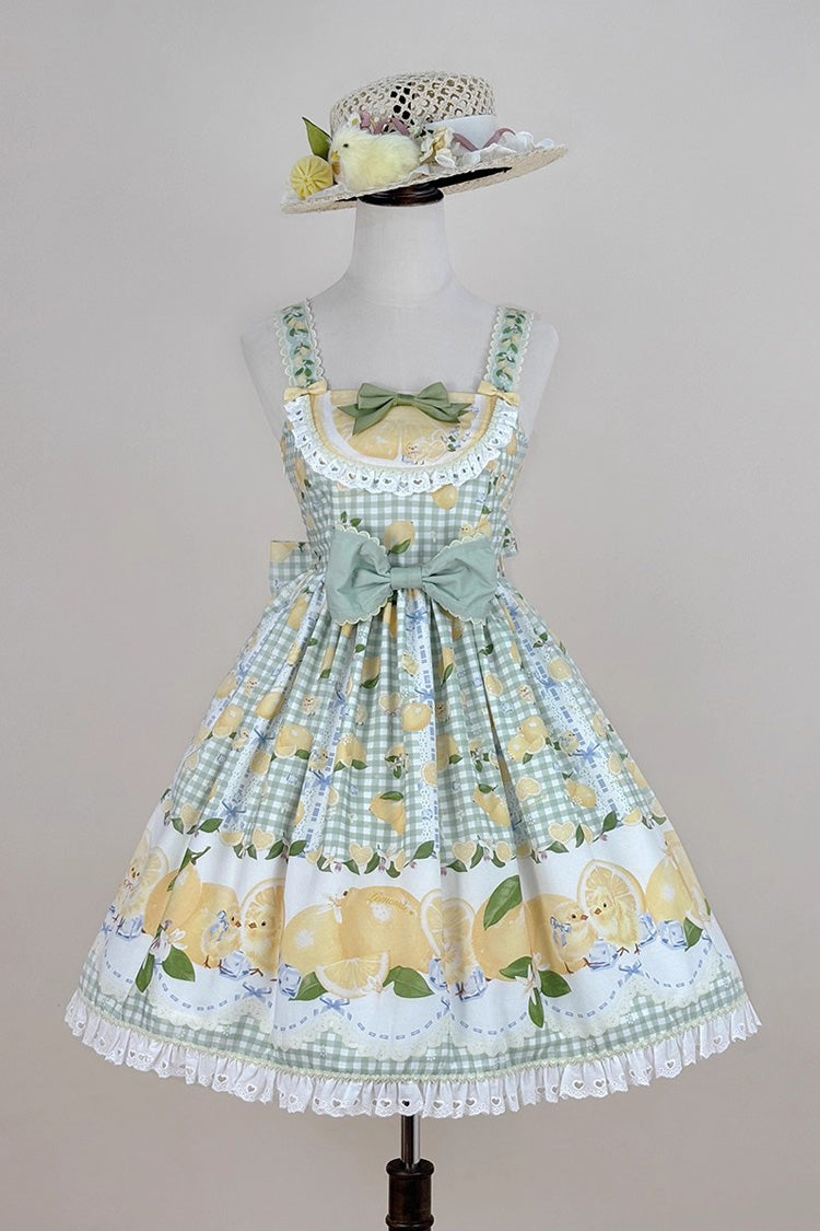 Green Lemon Chicken Print Ruffle Bowknot Lace Sweet Lolita Jsk Dress