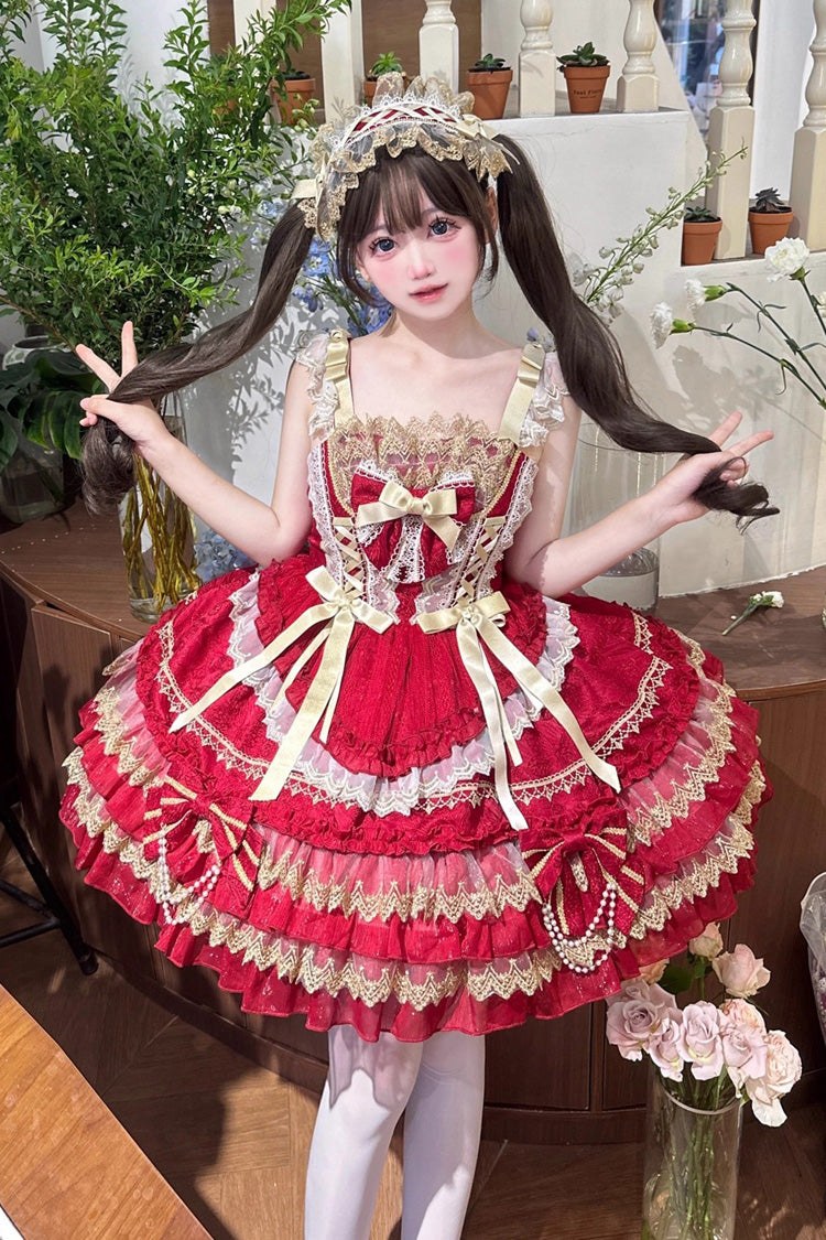 Red Gilded Memories Sleeveless Double-Layered Ruffle Hot Stamping Bowknot Lace Sweet Lolita Jsk Dress