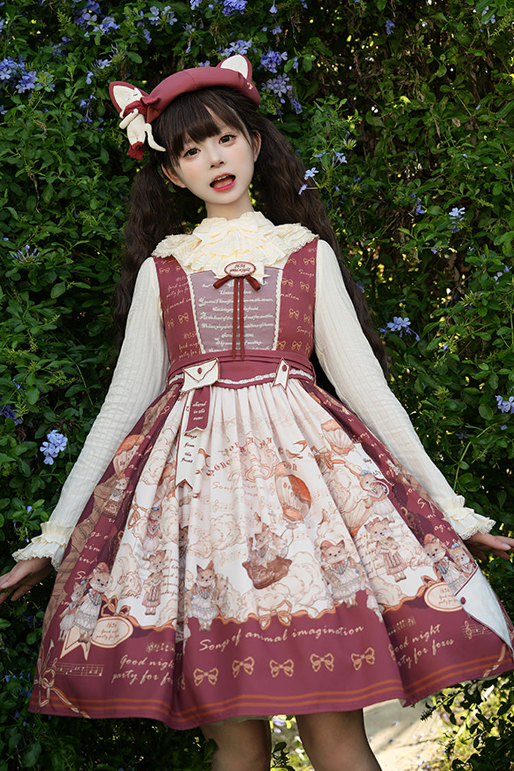 Wine Red Fox Band Print Square Collar Bowknot Classic Lolita Jumper Dress
