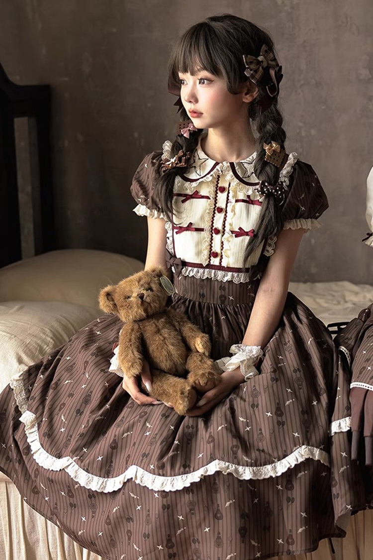 Brown Moro Coco Hot Air Balloon Print Ruffle Bowknot Sweet Elegant Princess Lolita Dress Long Version