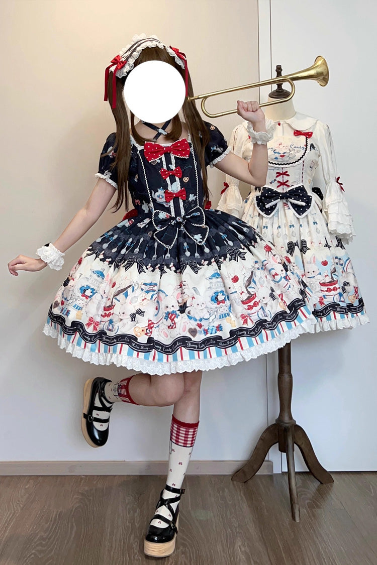 Black Mystery Rabbit Tea Party Square Collar Short Sleeves Print Ruffle Bowknot Lace Sweet Lolita Dress