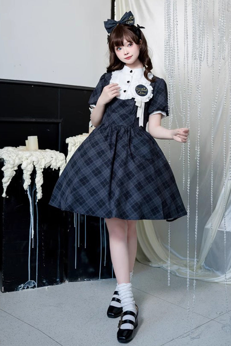 Showa Girls Summer Plaid Print Daily Short Sleeves Classic Princess Lolita Dress 2 Colors