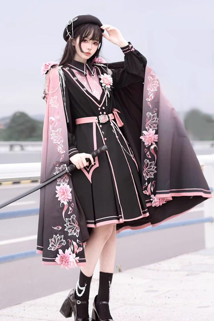 Black/Pink Long Sleeves Ruffle Gothic Military Elegant Princess Lolita Dress