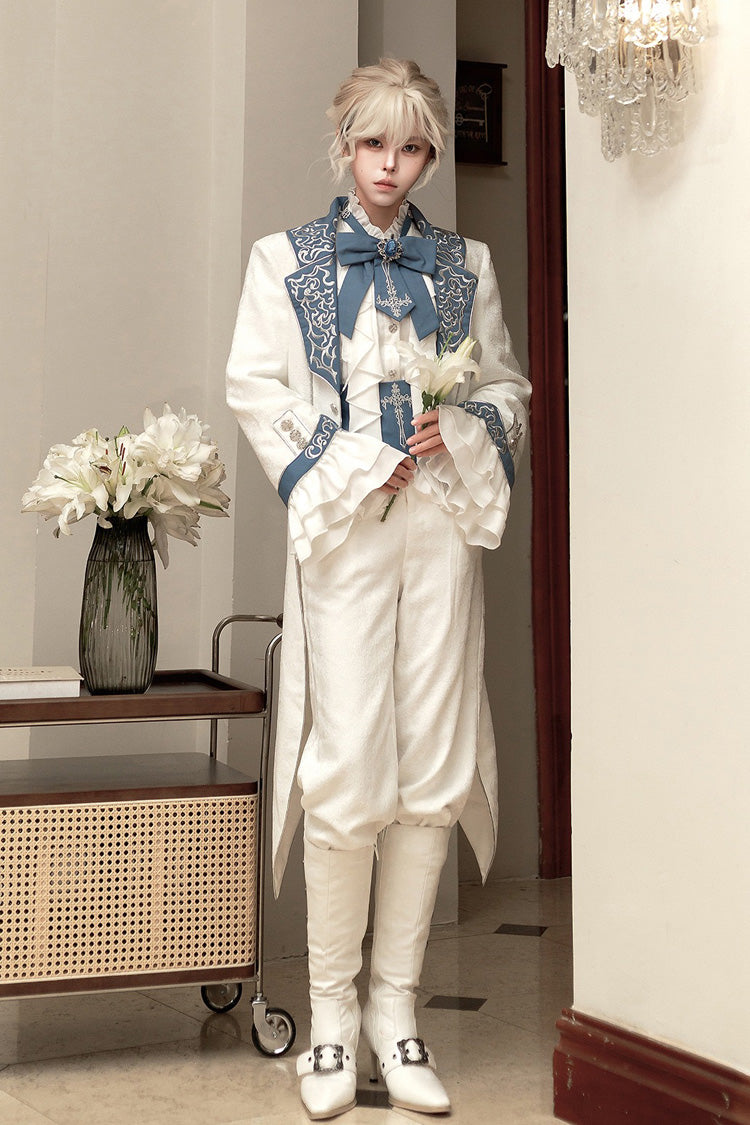 White Moonlit Paladin Prince Ruffle Embroidery Bowknot Classic Prince Handsome Ouji Lolita Set