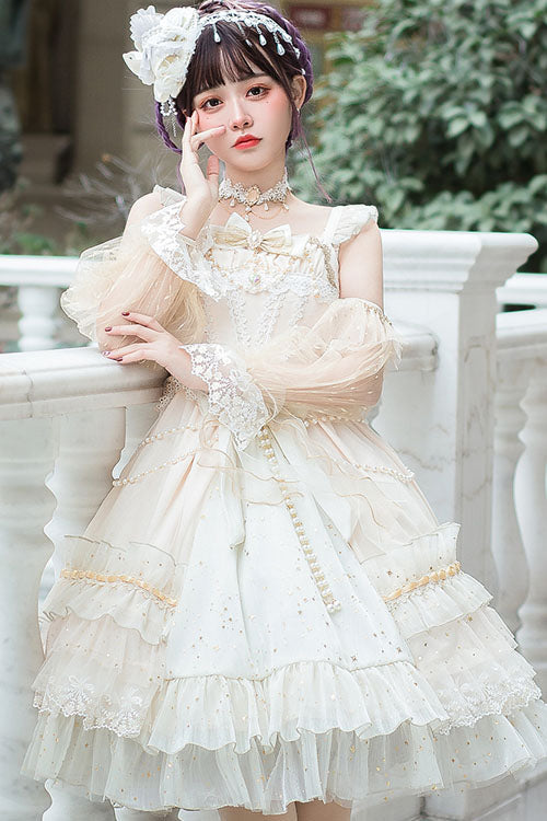 White Starry Night Square Collar Bowknot Multi-Layer Ruffled Cardigan Sweet Lolita JSK Dress