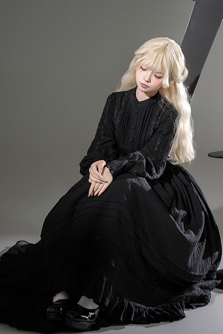 Black Quiet Place Long Sleeves Jacquard Ruffle Embroidery Bowknot Gothic Lolita Dress