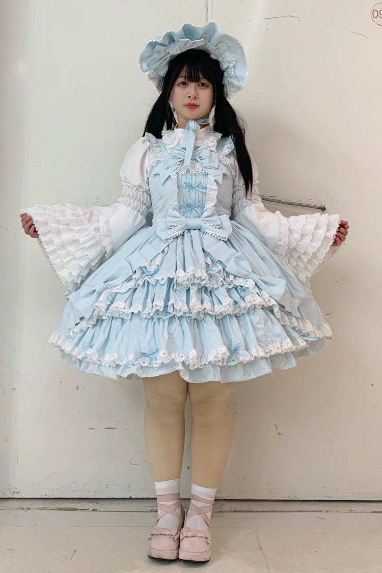 Grisha Sleeveless Triple-Layered Ruffle Cardigan Bowknot Lace Sweet Plus Size Lolita Jsk Dress 3 Colors