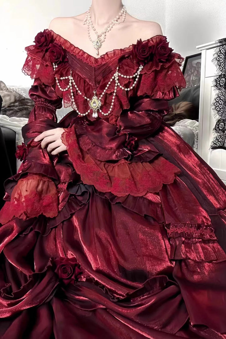 Red Tana Manor Rose Flower Long Sleeves Ruffle Bowknot Elegant Gothic Princess Lolita Strapless Dress