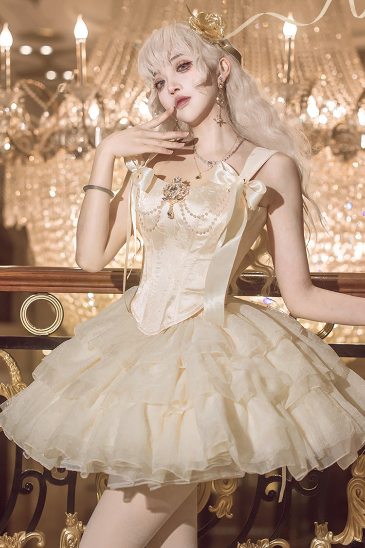 Champagne Cream Polka Dots Sleeveless Jacquard Bowknot Slim Sweet Ballet Lolita Skirt Dress