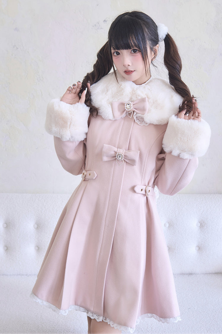 Sweet Plush Collar Waist-cinched Long Sleeves Bowknot Lace Japanese Lolita Coat 4 Colors
