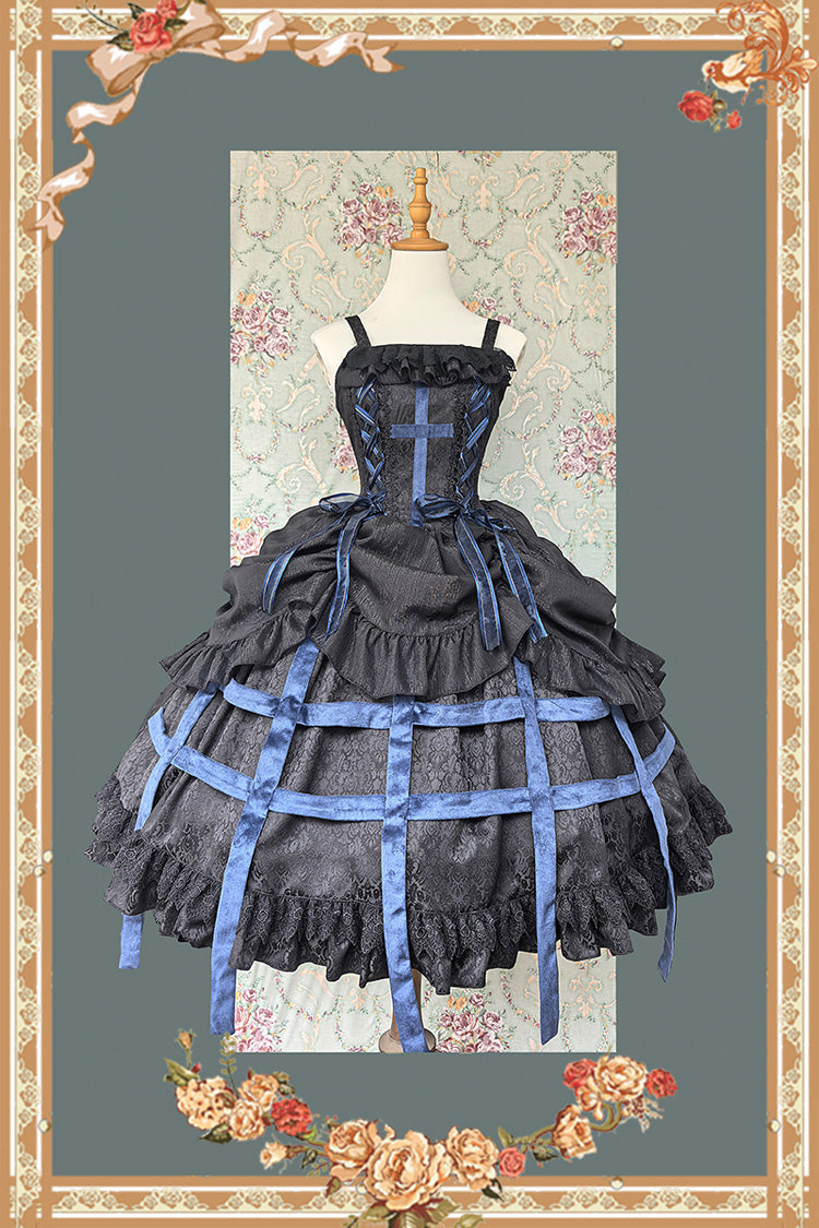 Lilith's Cage Sleeveless Print Ruffle Bowknot Lace-Up Gothic Elegant Lolita Jsk Dress 2 Colors