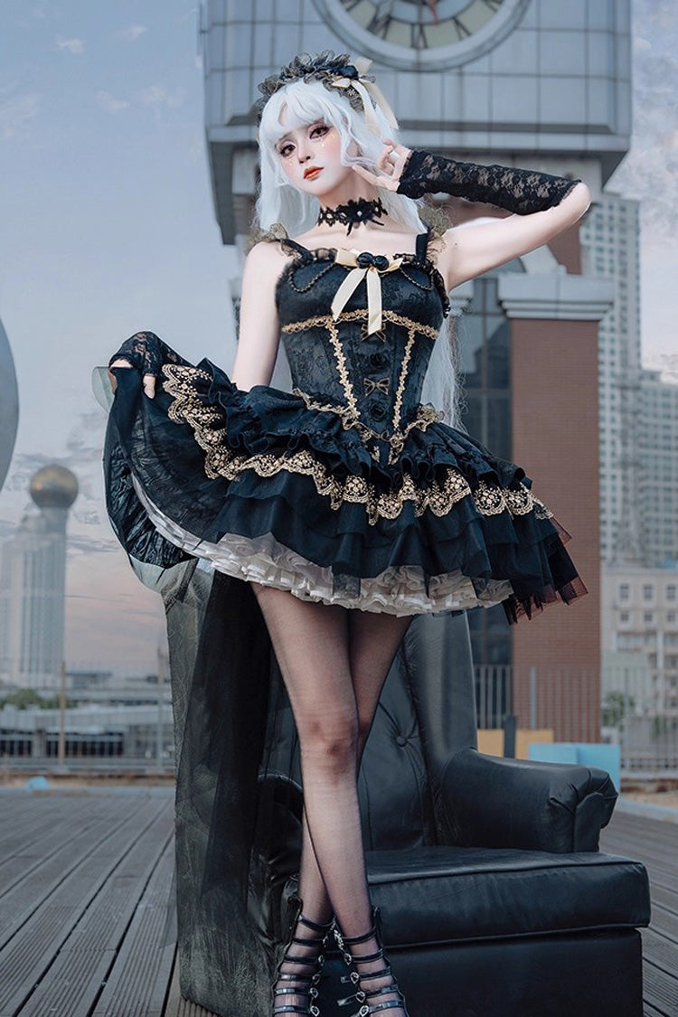 Black Fleeting Light and Shallow Dream Sleeveless Multi-Layered Ruffle Bowknot Lace Slim Gothic Ballet Lolita Jsk Dress