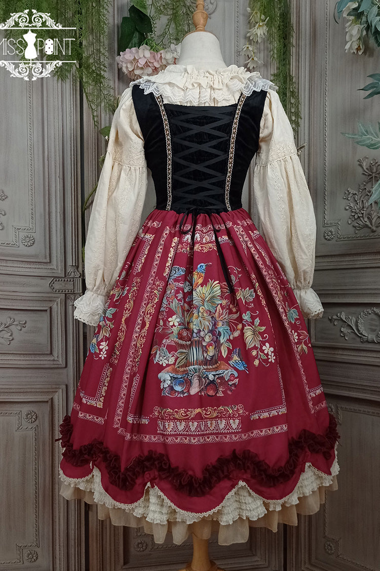 Wine Red Ode to Plenty Berries and Birds Print Ruffle Bowknot Velvet Classic Lolita Breast Support Jsk Dress