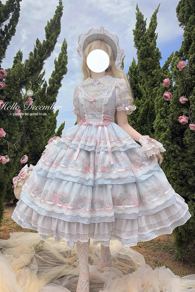 Multi-Color Rose Flower Cage Print Triple-Layered Ruffle Bowknot Sweet Elegant Lolita Jsk Dress